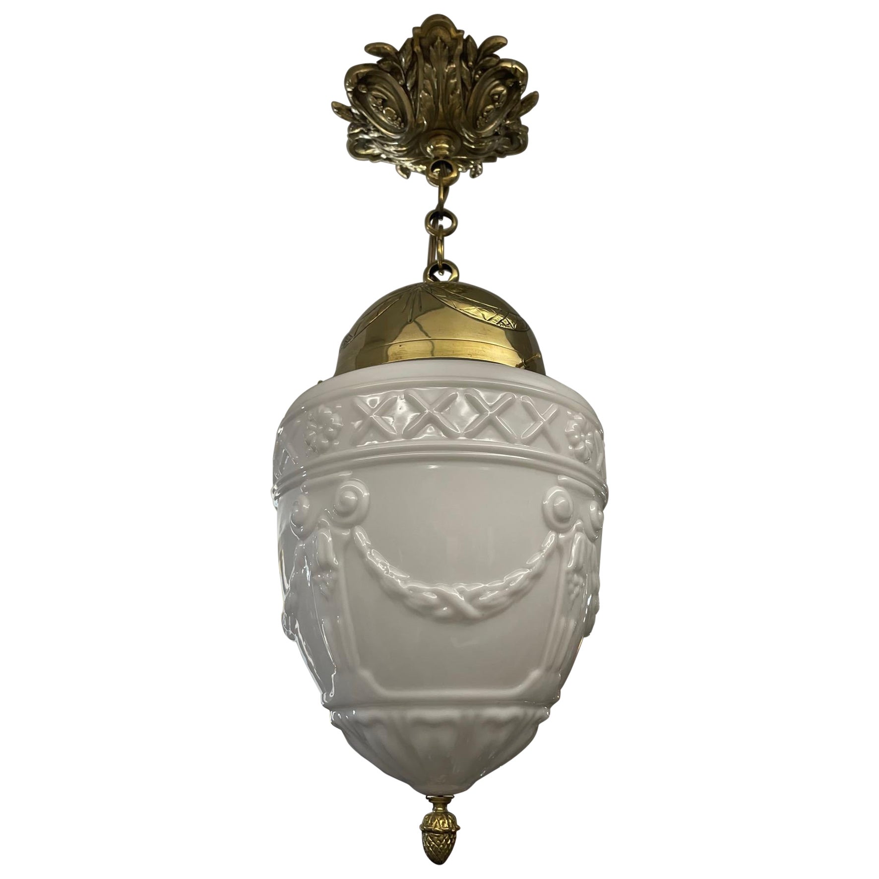 Early 20th Century French Brass and Opaline Glass Pendant Light For Sale