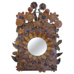 1970s French Unique "Flower Power" Mixed Metal Mirror in Earth Tones