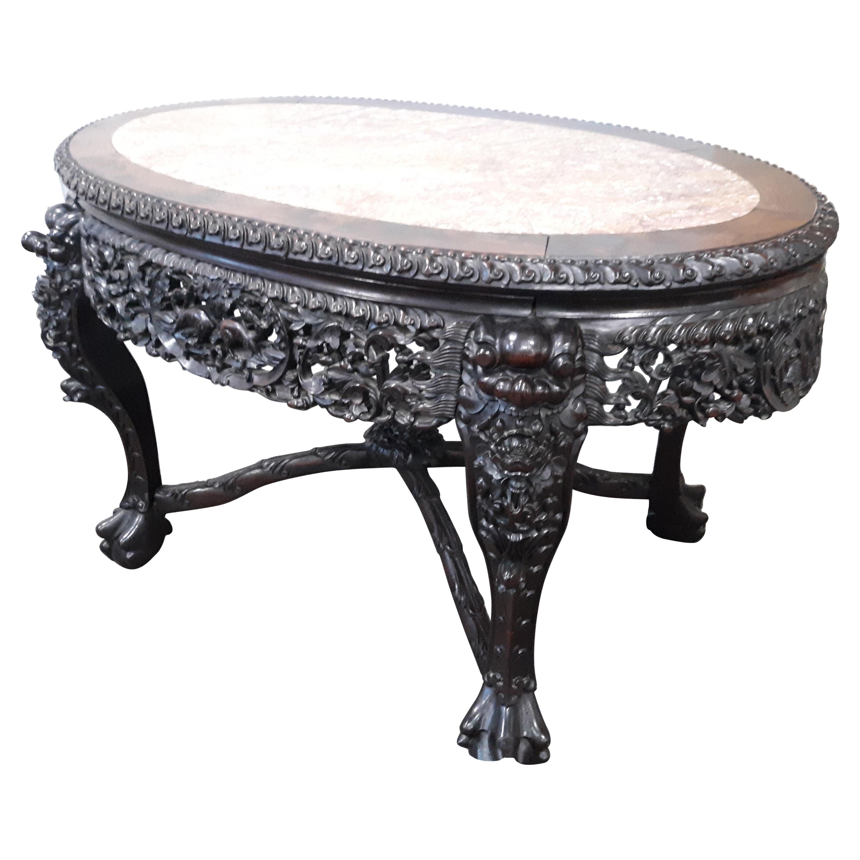 19th Century Marble Topped Antique Chinese Carved Entrance Table at