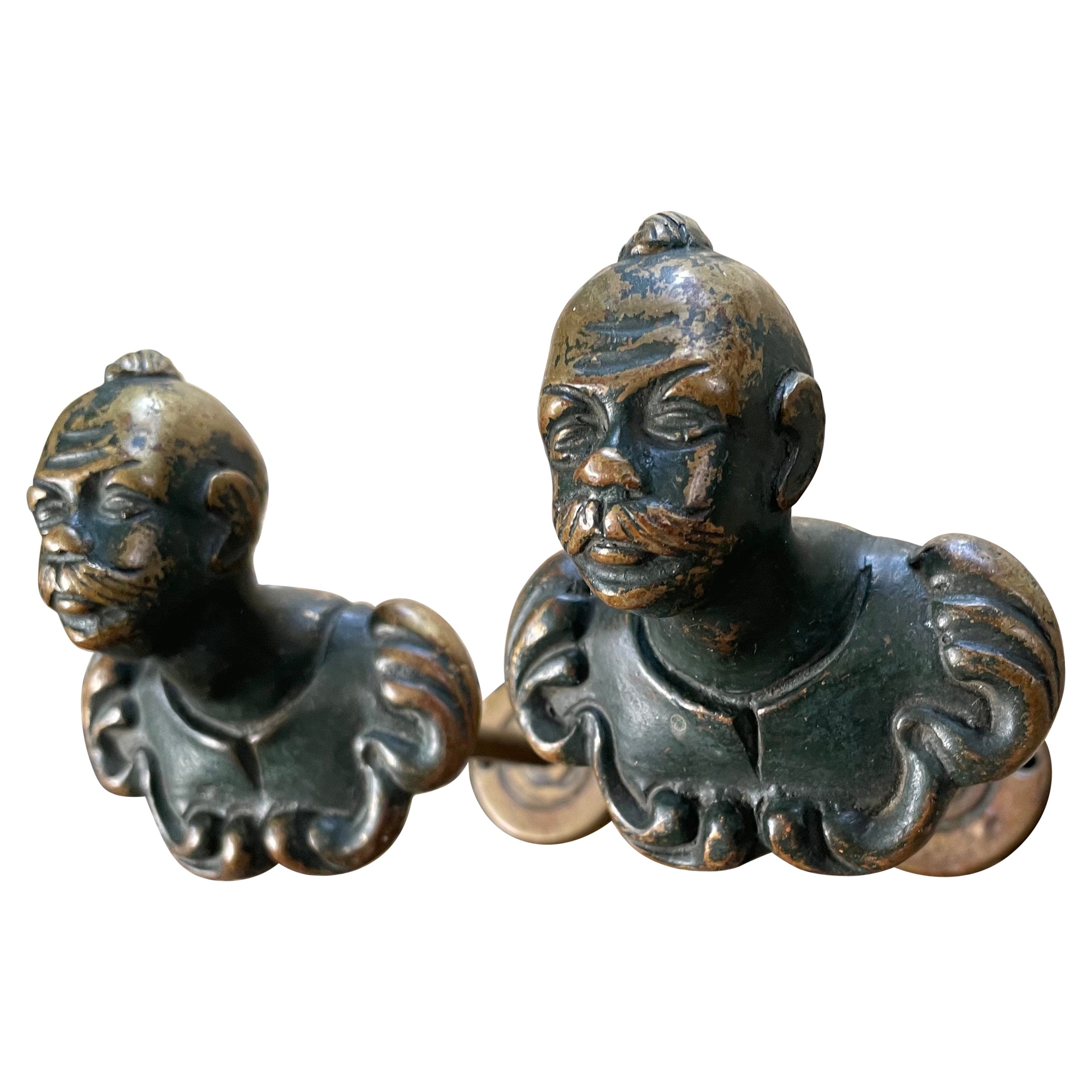 Pair Venetian Turkomen tie backs. Pair vintage bronze cast tie backs in venetian chinoiserie style. United States, late 19th century. 
Dimensions: 3.25” W x 6” Deep x 3.25” H; 3.75” stem space for curtains.
