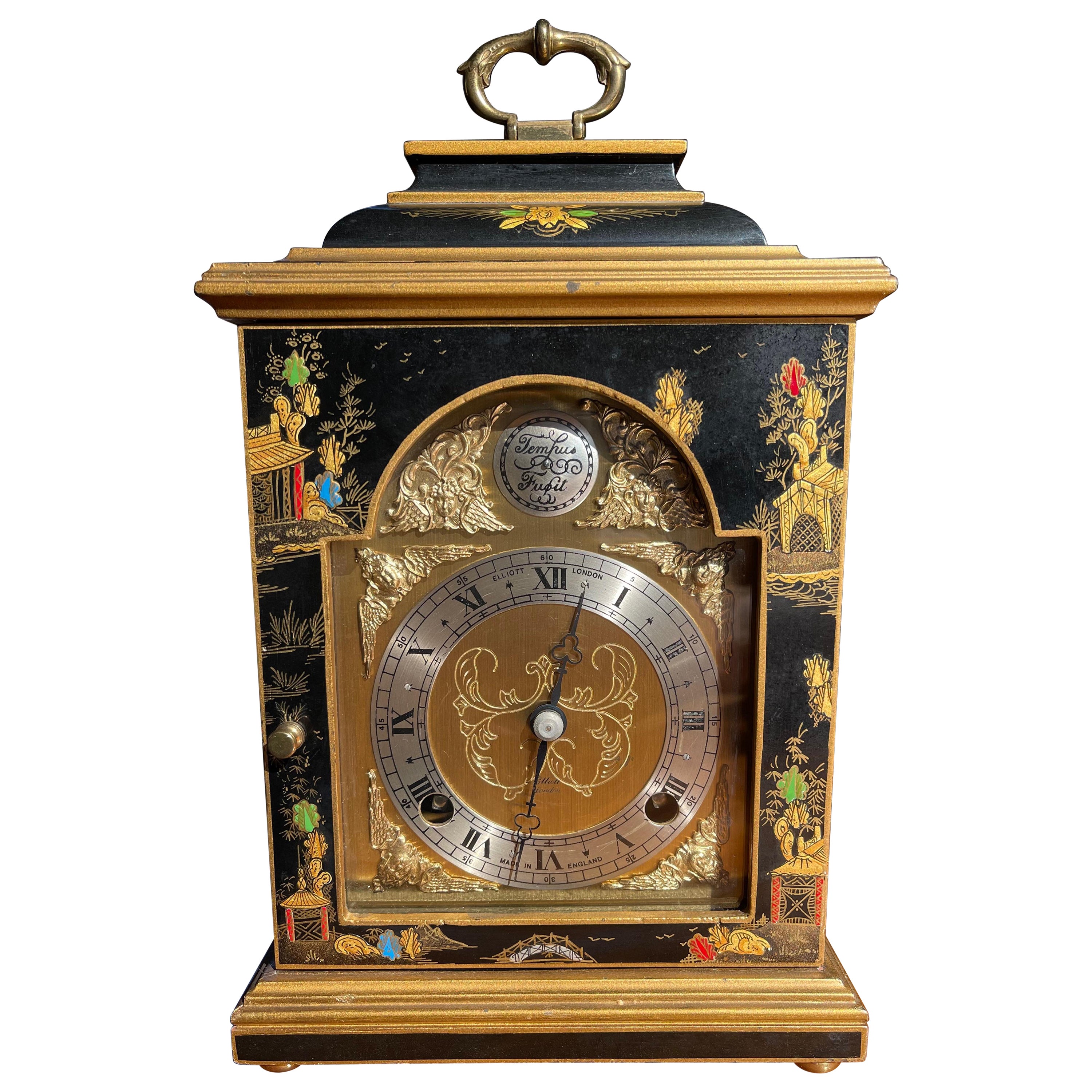 English Mantel Clock, Black Lacquer at 1stDibs | black mantel clock, antique  english mantel clocks, black and gold mantel clock