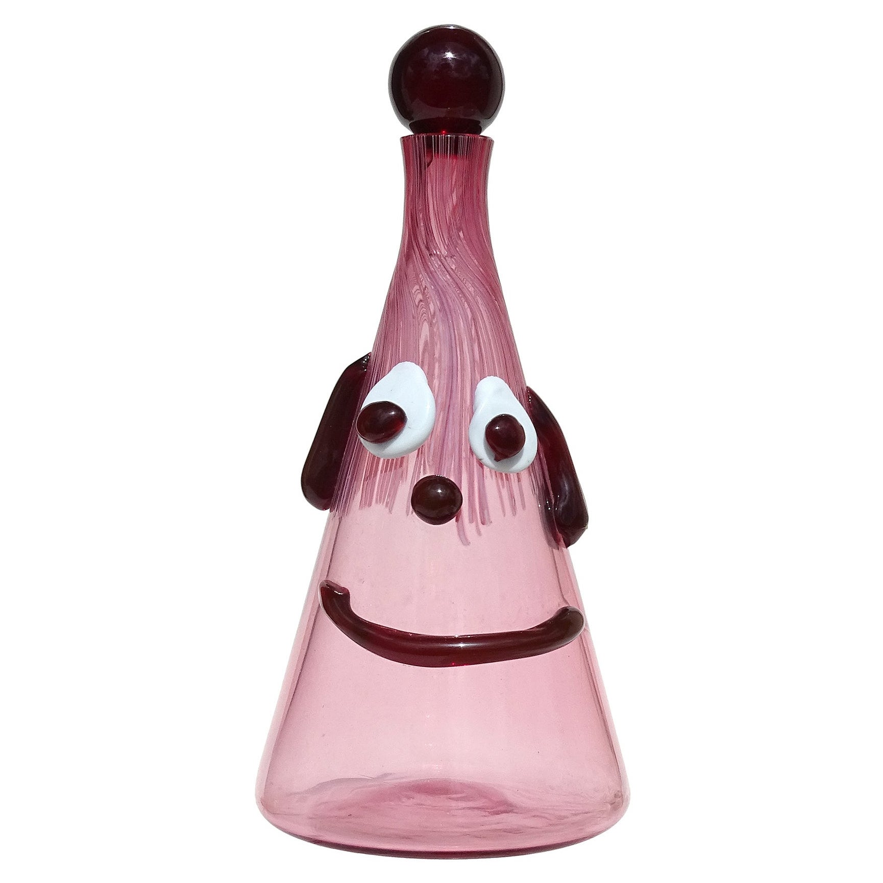 Fratelli Toso Murano Midcentury Pink Red Face Italian Art Glass Bottle Decanter