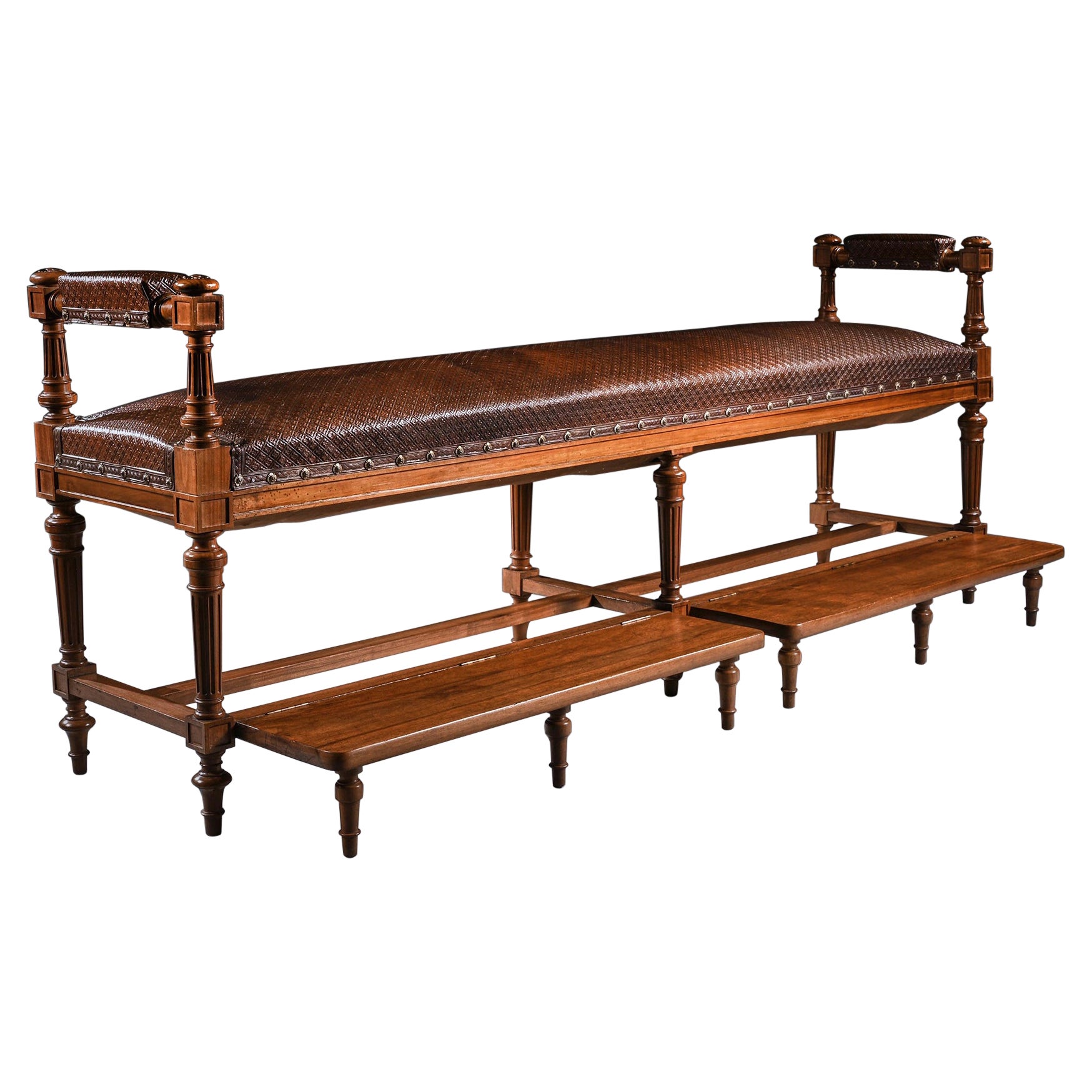 Large French 19th C Walnut & Embossed Leather Billiard Room Bench 'Banquette De
