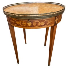 Louis XVI Style Parquetry Bouillotte Marble Top Side Table, Early 20th Century