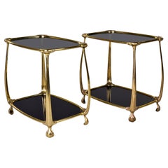 Pair Mid Century Brass Side Tables With Smoked Glass Shelves