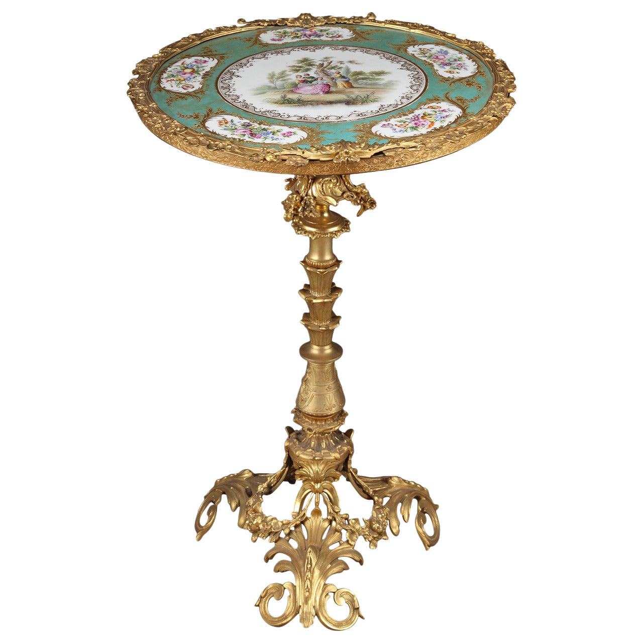 French Louis XV Style Ormolu Bronze & Sevres Style Side Table