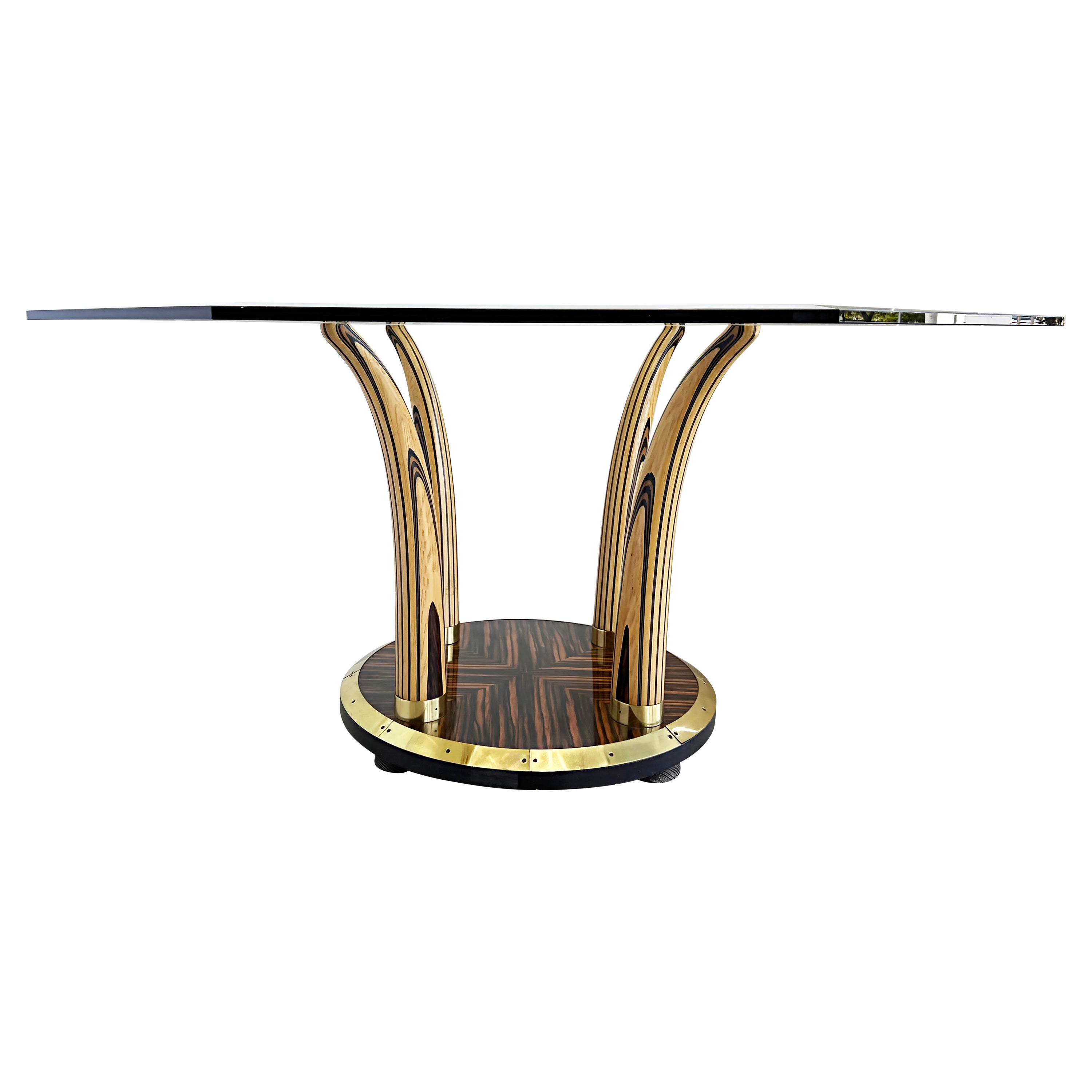 Vintage Henredon Zebra Wood Faux Tusk Table, Beveled Glass Top