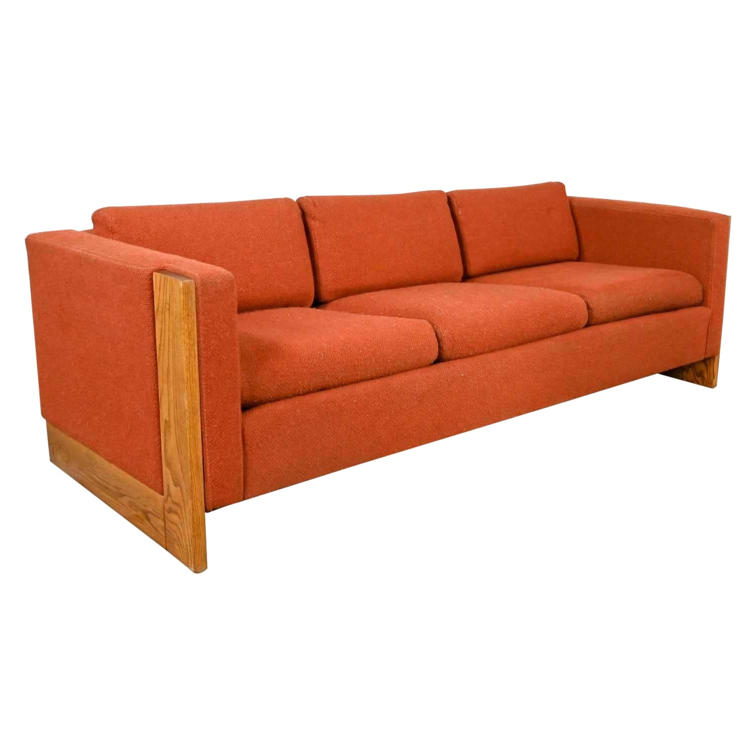 Mid-Century Modern to Modern Rust or Burnt Orange Tuxedo Style Sofa Oak Frame For Sale