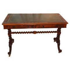 Antique English 19th Century Burl Walnut Writing Table with Barley Twist Pedestal Ends
