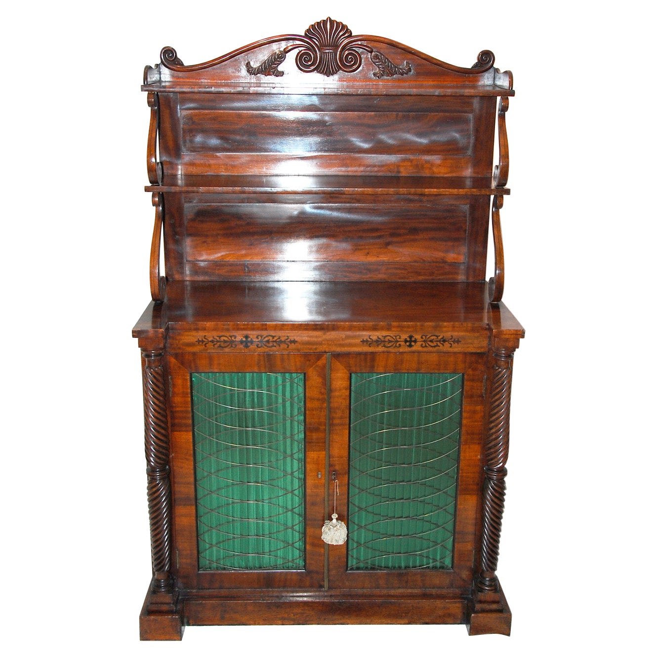 English William IV Mahogany Chiffonier with Carved Pediment and Ebony Inlay For Sale