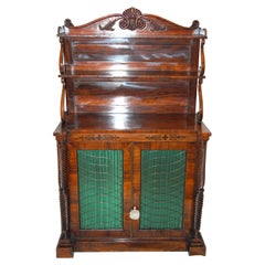 Antique English William IV Mahogany Chiffonier with Carved Pediment and Ebony Inlay
