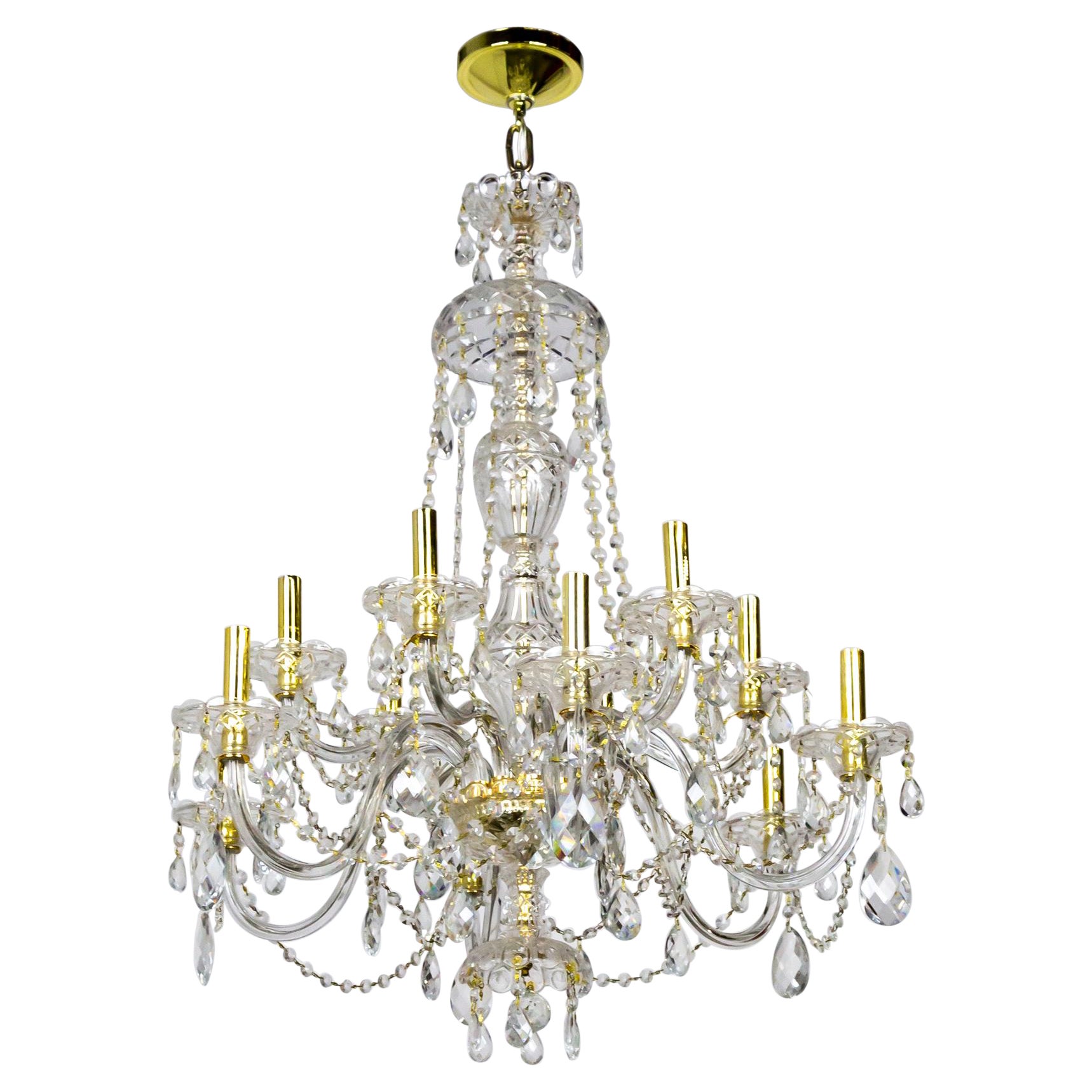 12-Light 2-Tier Bohemian Glass Chandelier w/ Gold Tone Candle Covers For Sale
