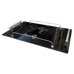 Vintage 1930s Art Deco Black Glass and Chromed Metal Italian Serving Tray