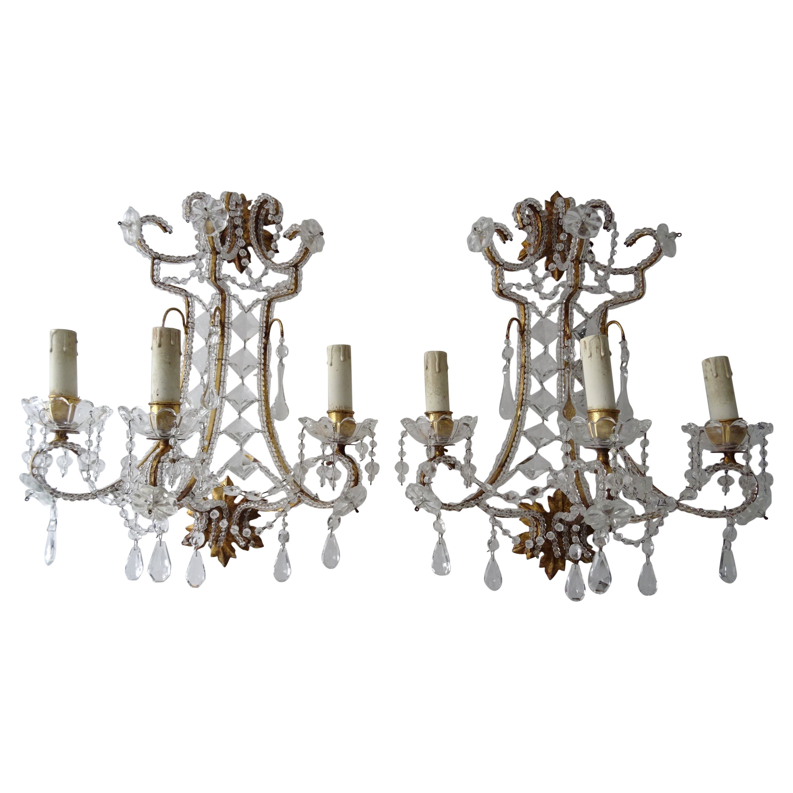 Italian Big Beaded Crystal Prisms Murano Drops Sconces Gold Gilt Metal c1900 For Sale