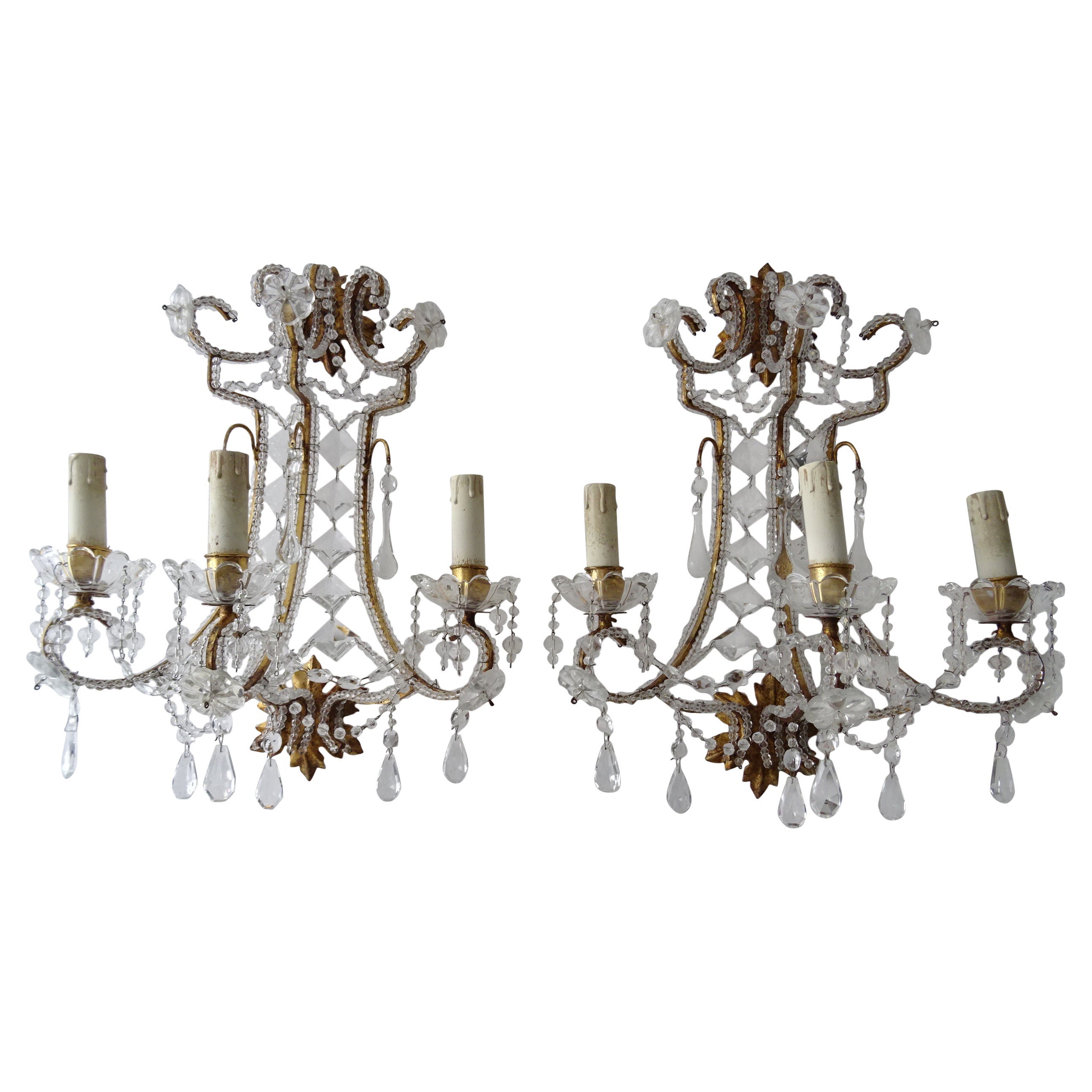 Italian Big Beaded Crystal Prisms Murano Drops Sconces Gold Gilt Metal c1900