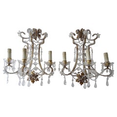 Antique Italian Big Beaded Crystal Prisms Murano Drops Sconces Gold Gilt Metal c1900