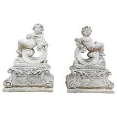 Used Pair of Foremen in Cement, Garden Sculptures with Cherubs, 20th Century Italy