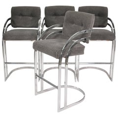 Set of Four Mid-Century Chrome Cantilevered Bar Stools, Baughman Style, 1970s