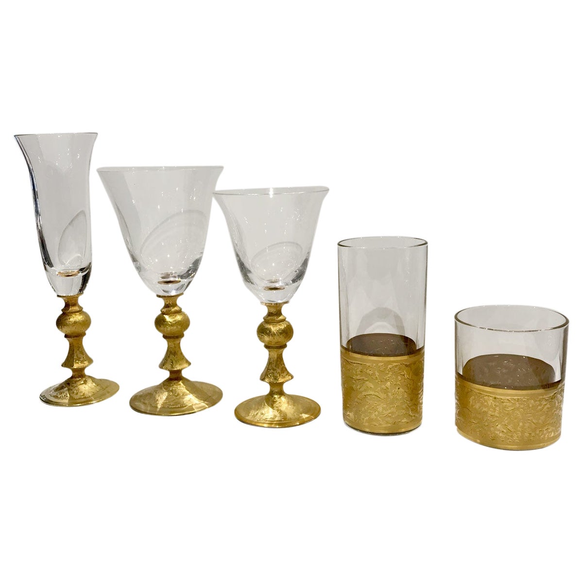 Set of 5 Gold Engraved Glasses for 4 People For Sale