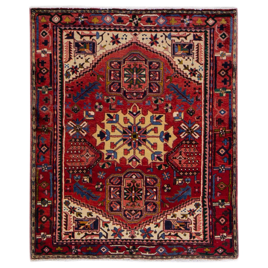 Red Antique Heriz Persian Handmade Medallion Square Wool Rug For Sale