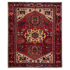 Red Antique Heriz Persian Handmade Medallion Square Wool Rug