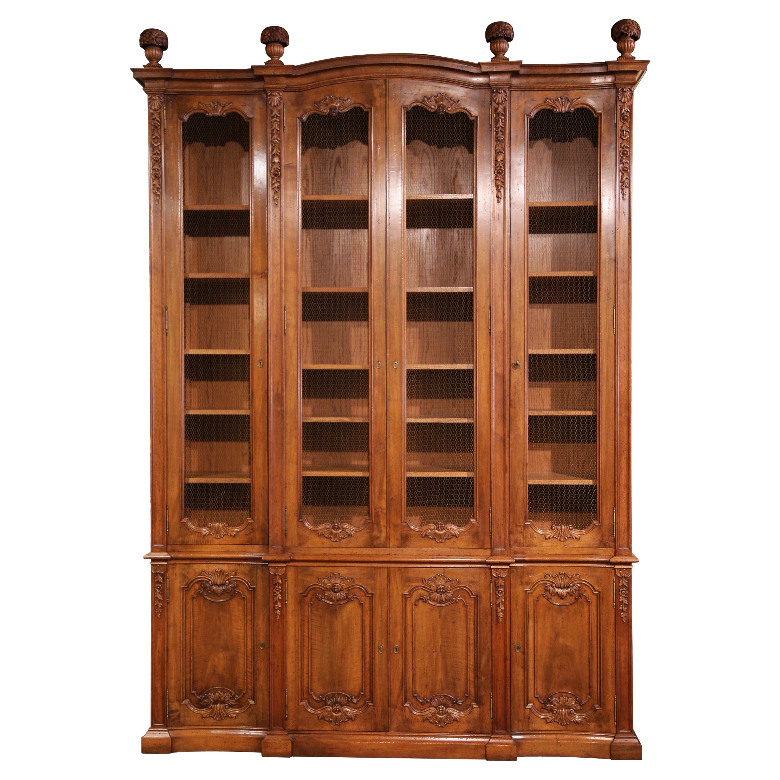 French Louis XIV Carved Walnut and Wire Four-Door Bookcase Cabinet For Sale