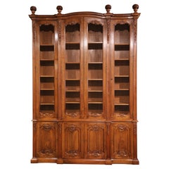 French Louis XIV Carved Walnut and Wire Four-Door Bookcase Cabinet