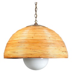 Retro Huge 1960's Rattan Bamboo & Brass Dome Pendant Chandelier 