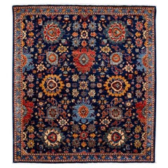 Tapis moderne en laine bleu écaillé de style Bidjar, fait à la main et à motifs floraux