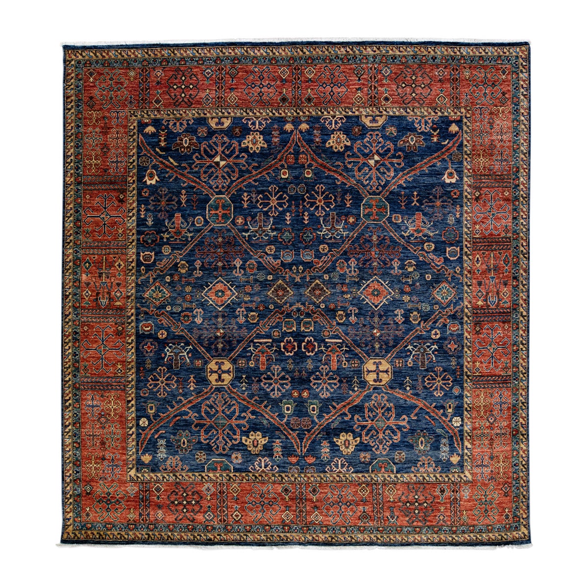 Modern Serapi Style Handmade Geometric Floral Blue and Rust Square Wool Rug For Sale