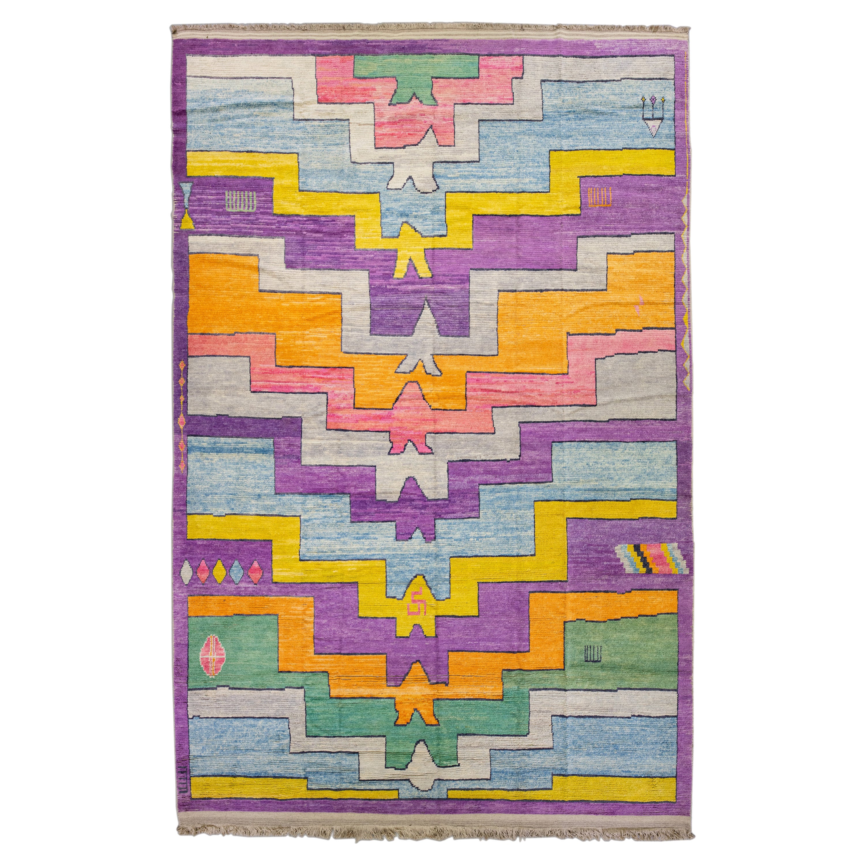 Tapis moderne turc Tulu en laine surdimensionné à motifs géométriques multicolores fait à la main