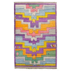 Modern Turkish Tulu Handmade Multicolor Geometric Motif Oversize Wool Rug