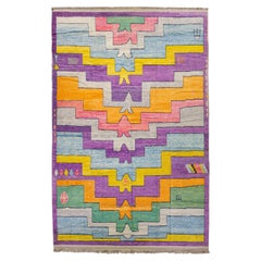 Alfombra Turca Moderna Tulu Hecha a Mano Motivo Geométrico Multicolor Lana Sobredimensionada
