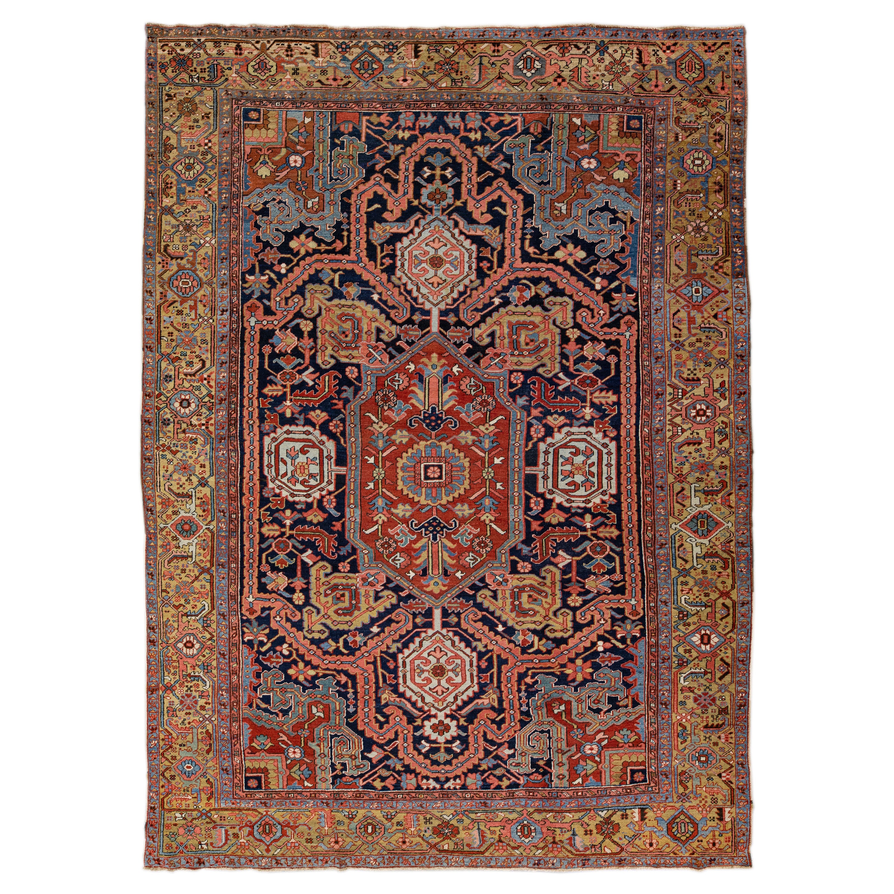 Antique Persian Heriz Handmade Allover Designed Blue Wool Rug For Sale