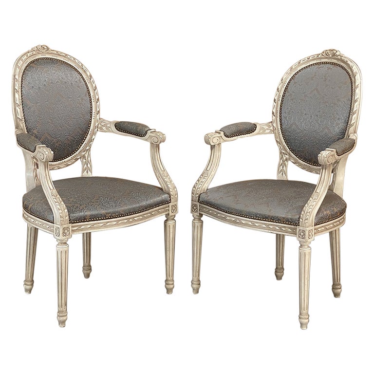 Pair Antique French Louis XVI Painted Armchairs, Fauteuils For Sale at ...