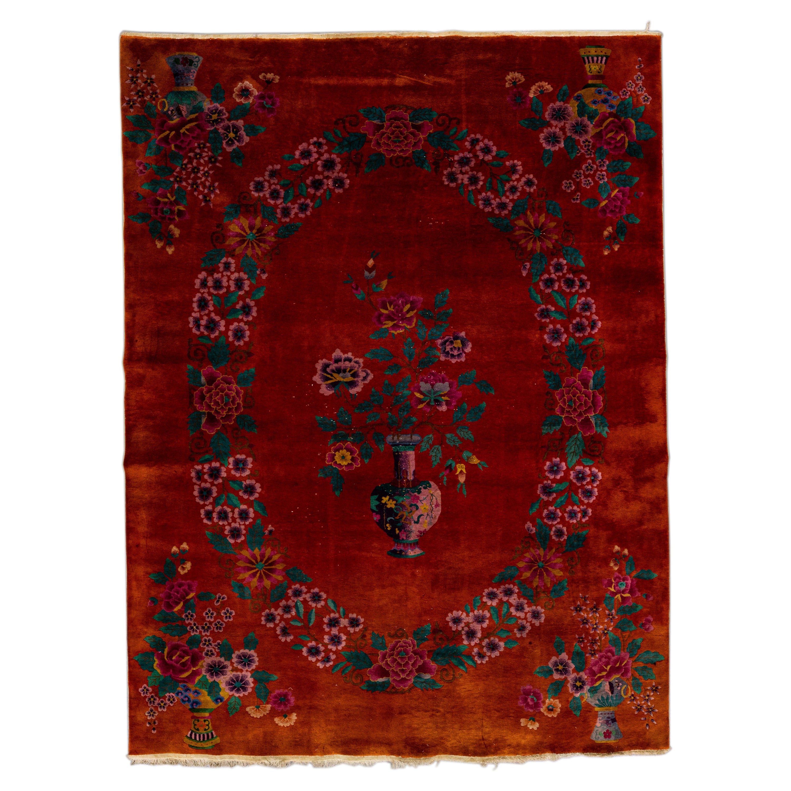 Red Antique Art Deco Handmade Chinese Floral Pattern Wool Rug For Sale