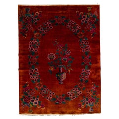 Red Antique Art Deco Handmade Chinese Floral Pattern Wool Rug