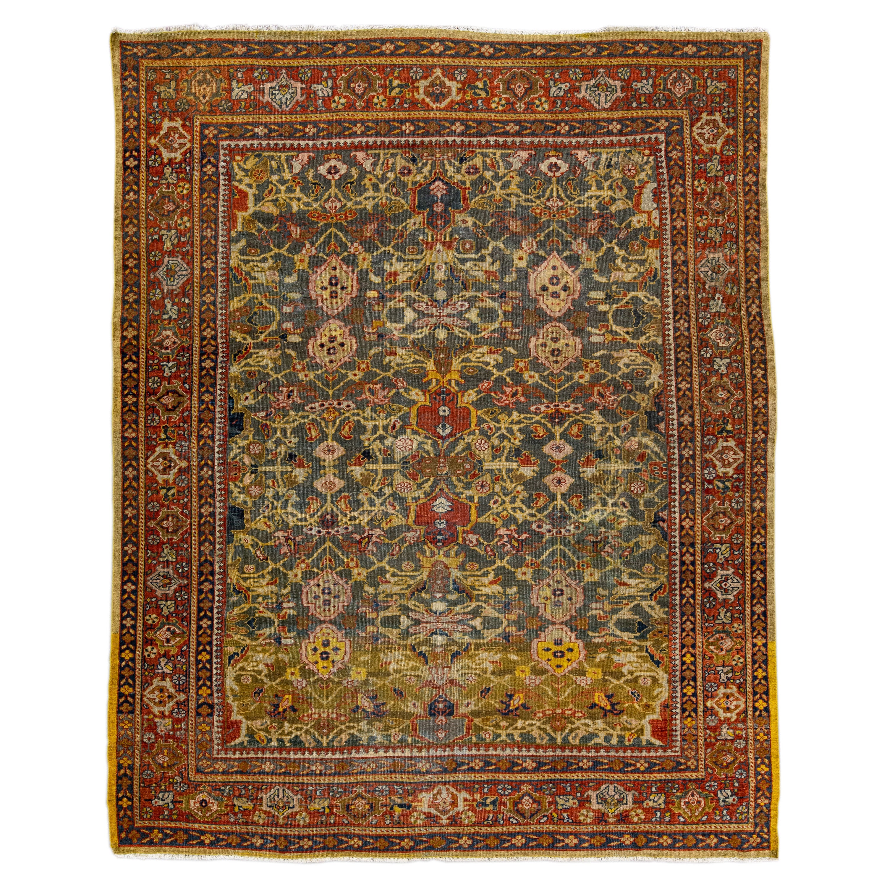 Antique Sultanabad Handmade Floral Pattern Gray Wool Rug For Sale