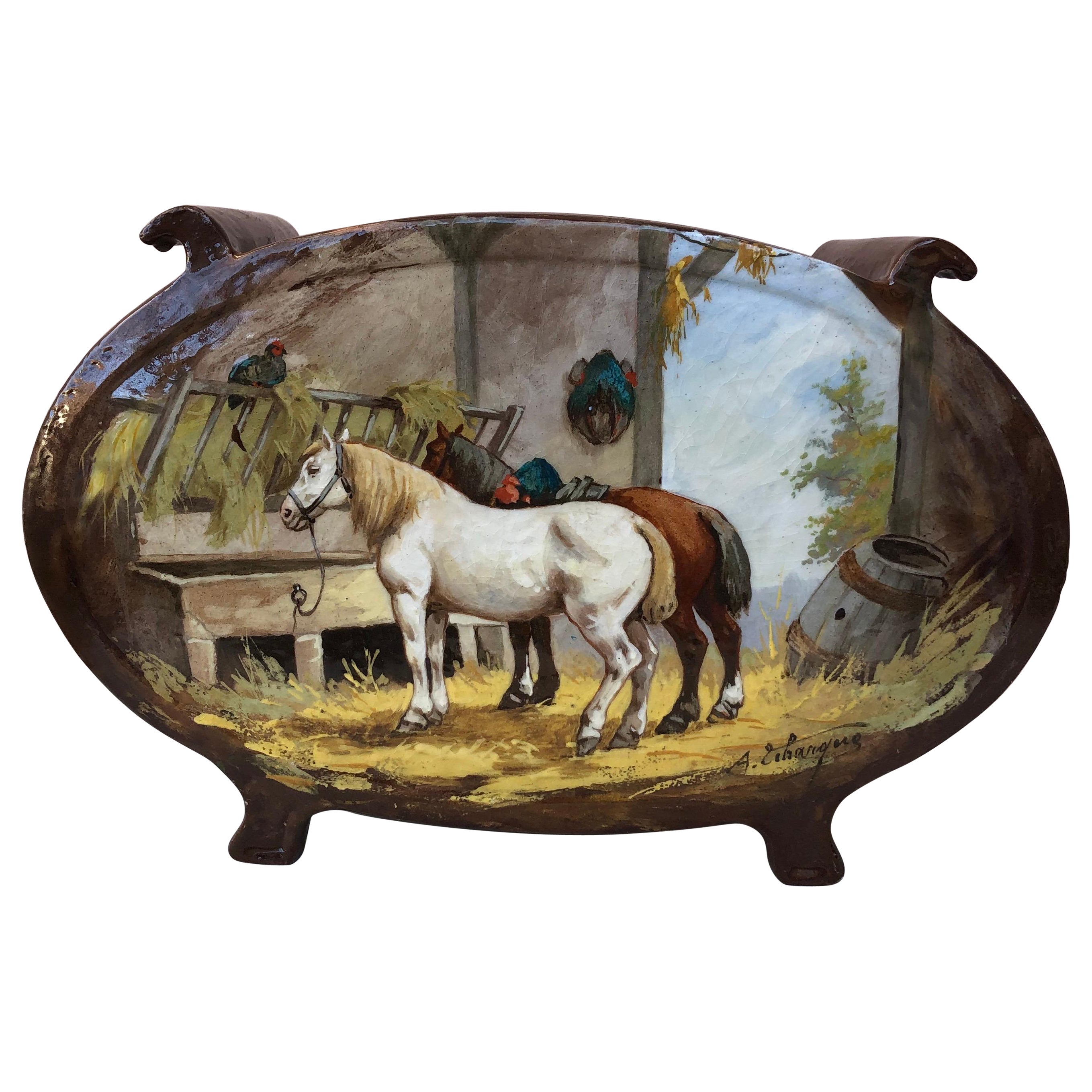 Large 19th French Jardiniere with Horses & Barnyard Albert Lebarque For Sale