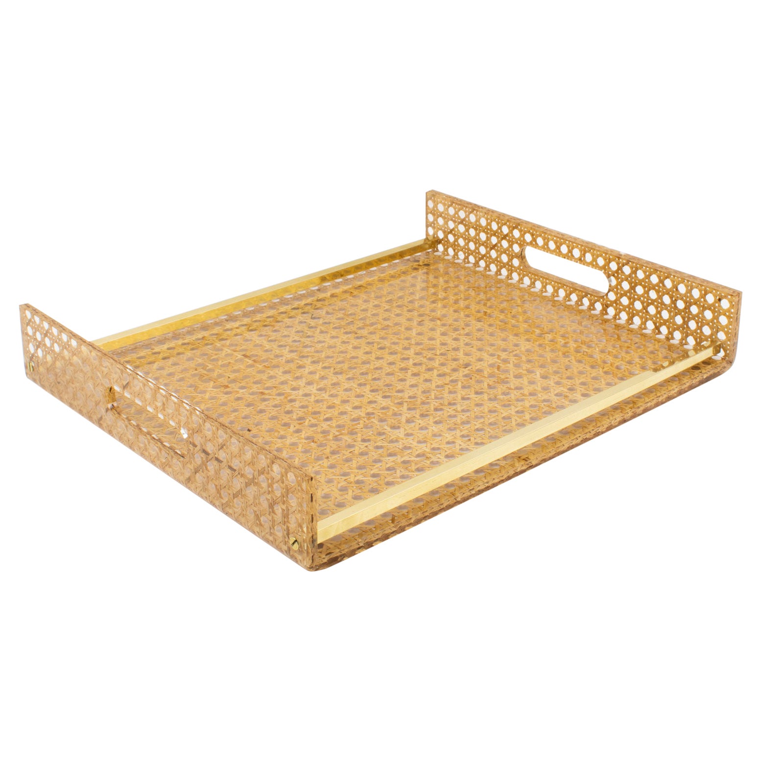 Christian Dior Lucite Rattan and Brass Barware Serving Tray, 1970s
