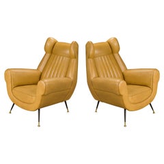 Pair of Gigi Radice for Minotti Leather Wingback Lounge Chairs, Italy, c. 1950s