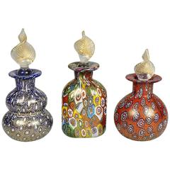 Three Vintage Italian Millefiori Aventurine Murano Glass Perfume Bottles