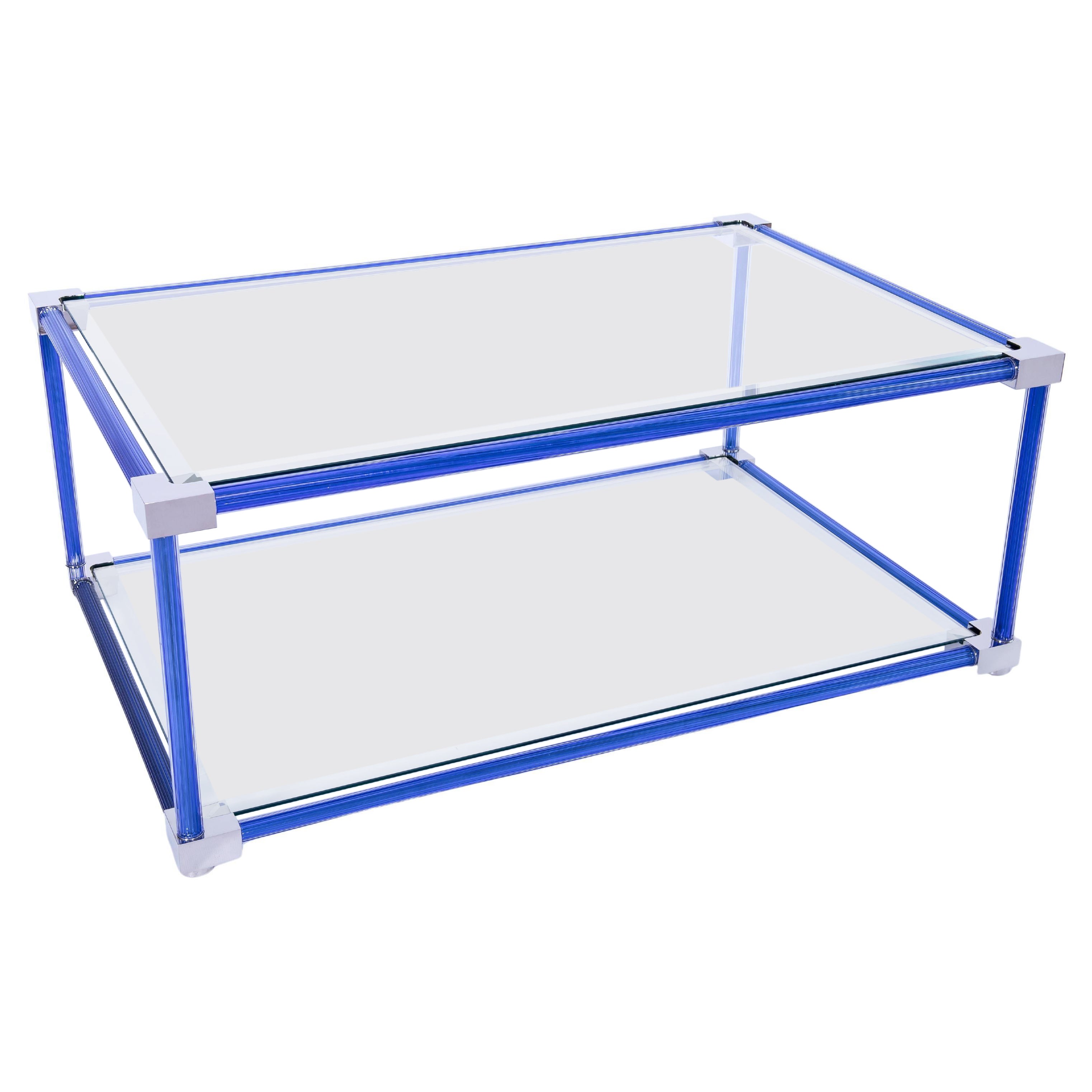 Murano-Glas Couchtisch mit blauen und verchromten Akzenten, ikonisches italienisches Design des 21. Jahrhunderts