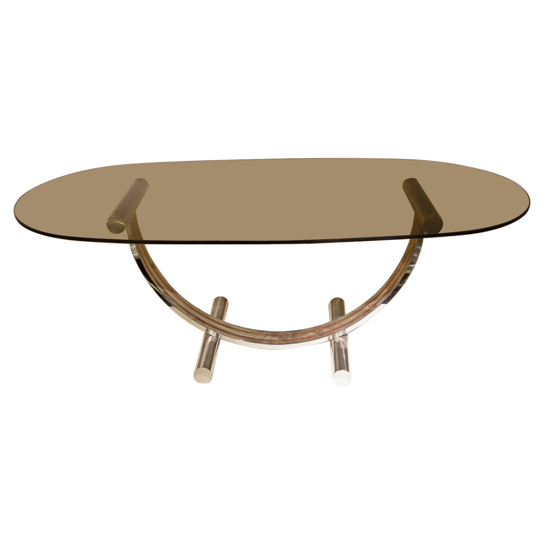 Arc Coffee Table Attributed to Romeo Rega Reg Oval Smoked Glass Top, 1970s For Sale
