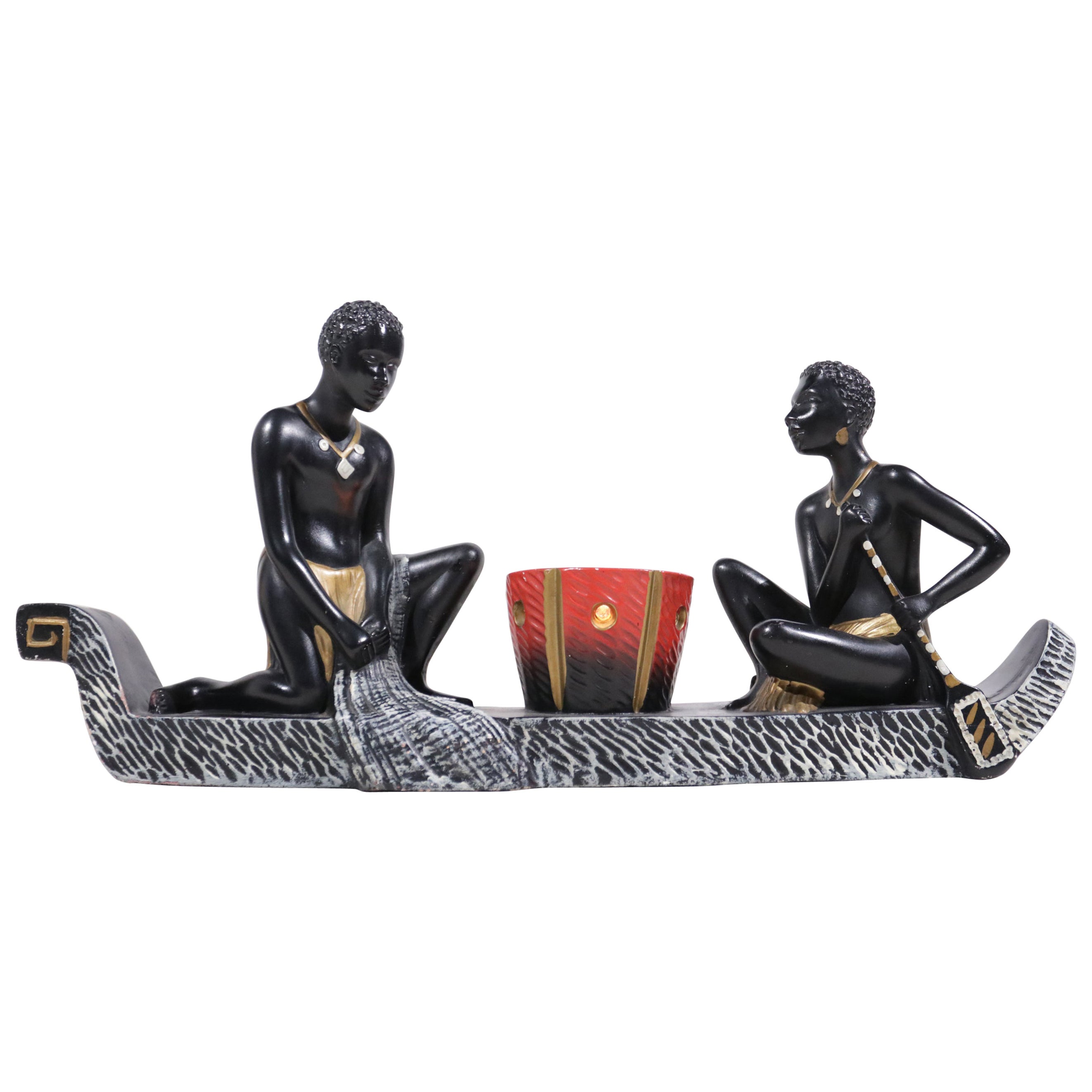 Large Barsony Duron Era. Table Lamp Ethnic African Couple in Canoe '50s For Sale