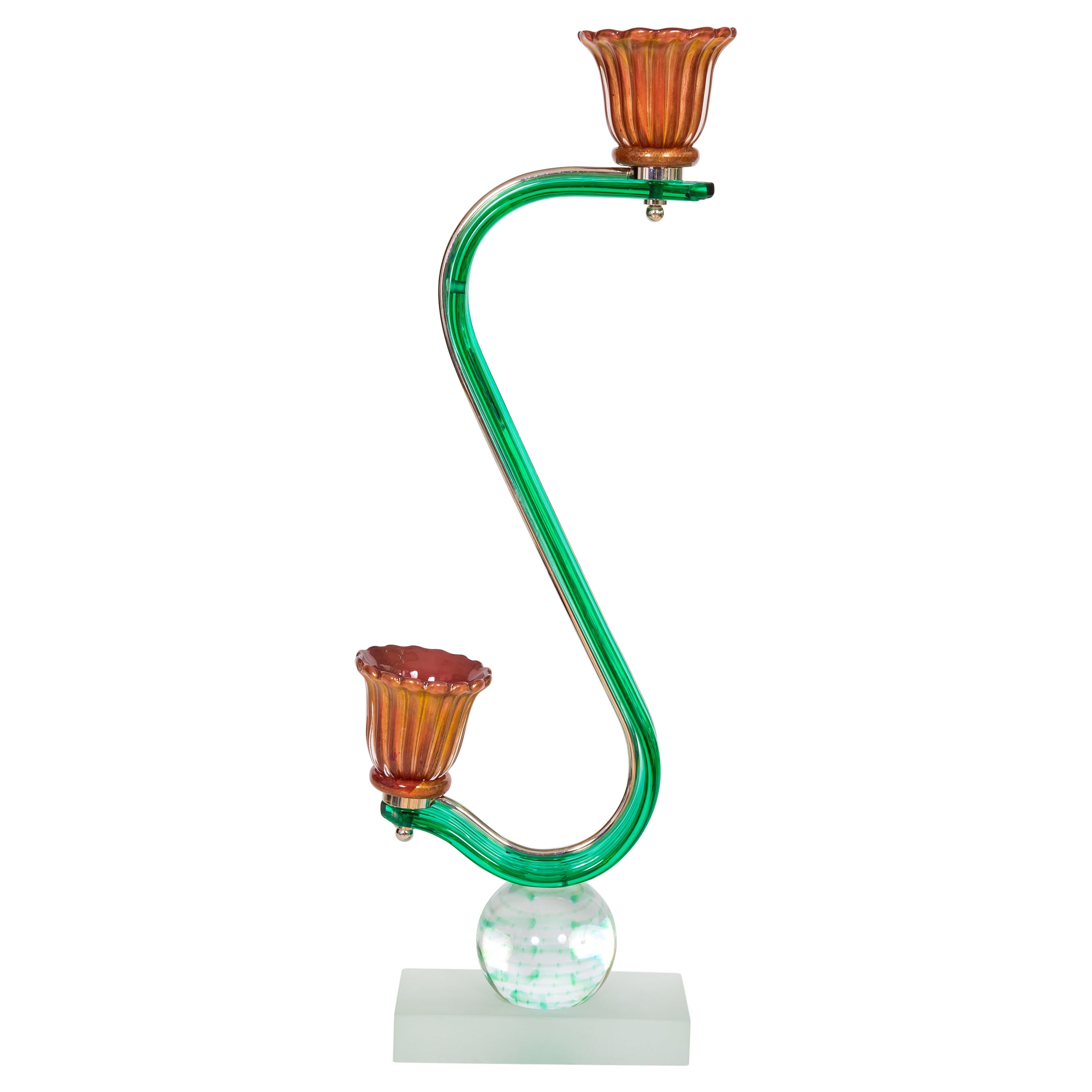 Art Table Lamp in Green Crystal and Coral-Colored Murano Glass, Contemporary For Sale