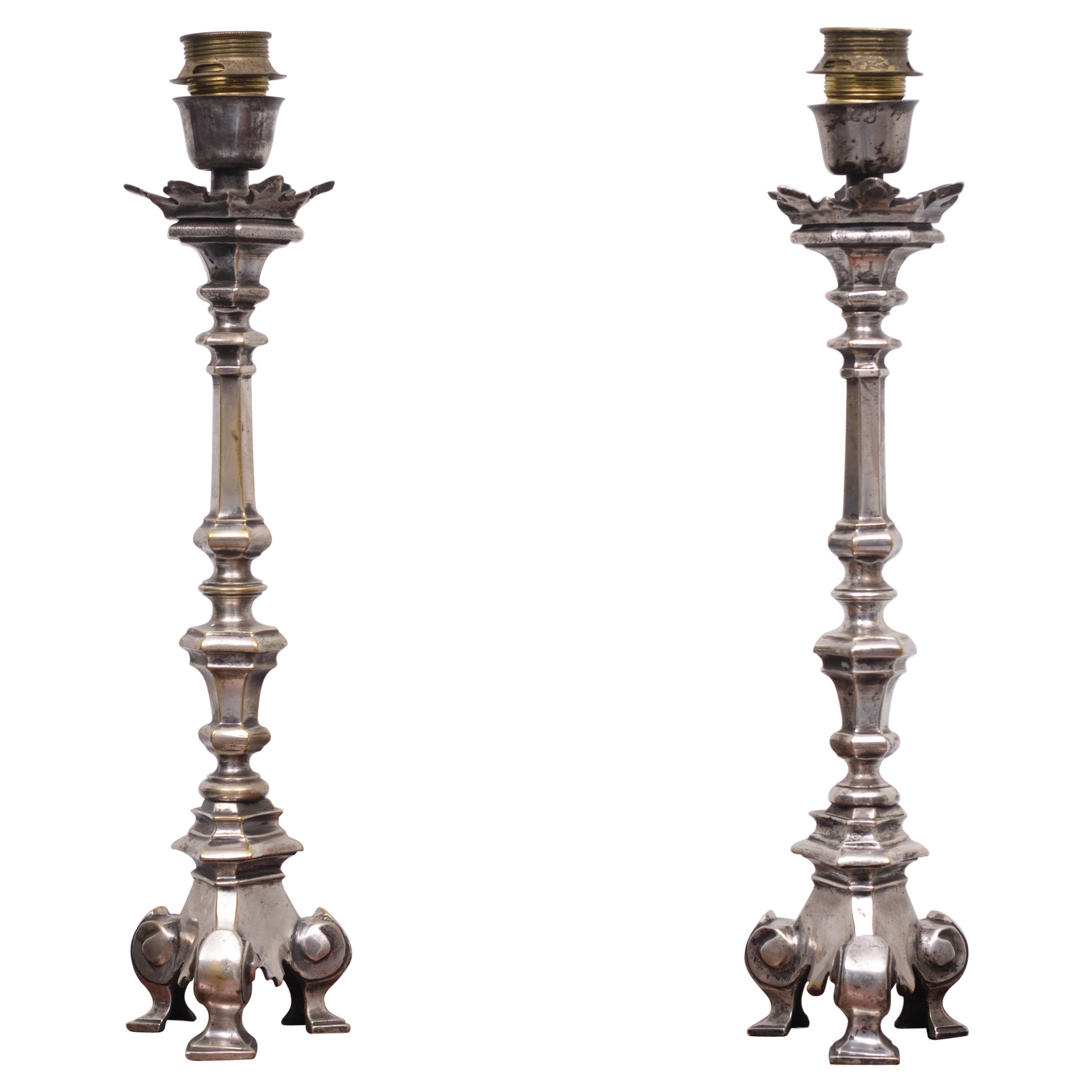 Antique Silver Italian Rococo Lamp Stands 19 Century