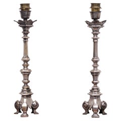 Antique Silver Italian Rococo Lamp Stands 19 Century