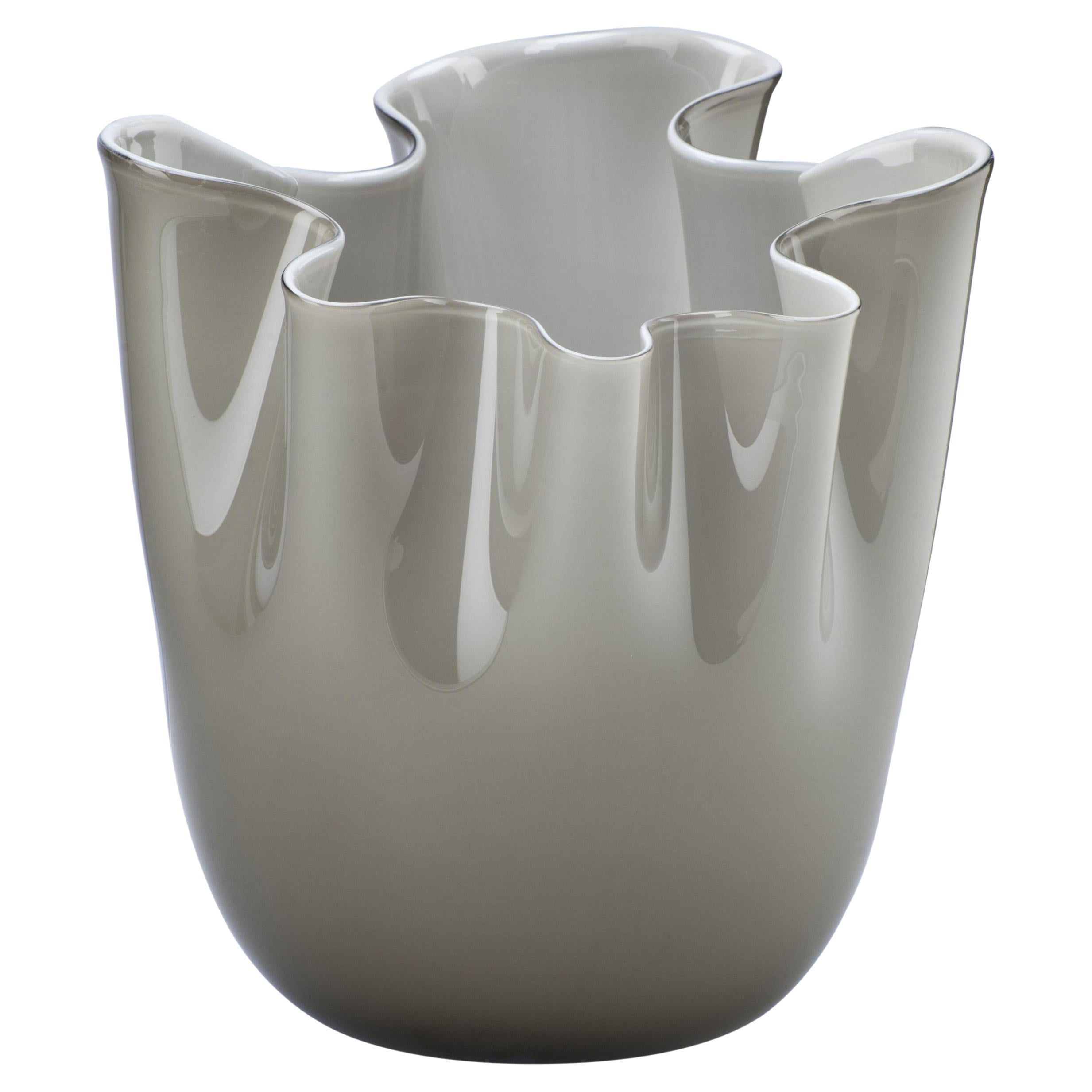 Venini Fazzoletto Opalino Small Vase in Grey Murano Glass For Sale