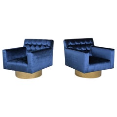 1960s Blue Velvet Mid-Century Modern Swivel Lounge Chairs with Brass Bases